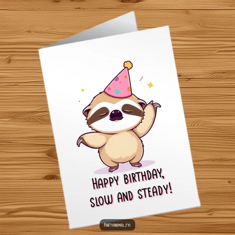 Funny free printable birthday card: a sleepy sloth in a party hat hilariously attempts the macarena, moving ever so slowly.