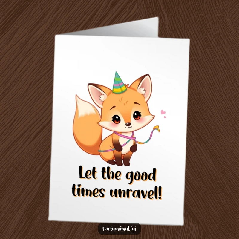 Funny Free Printable Fox Birthday Card: A curious fox with a colorful party streamer around its tail.