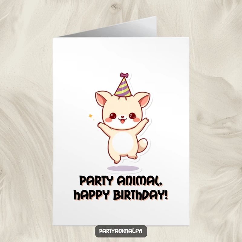 Funny Free Printable Birthday Card featuring a cute animal character dancing joyfully while wearing a party hat, ready to celebrate.