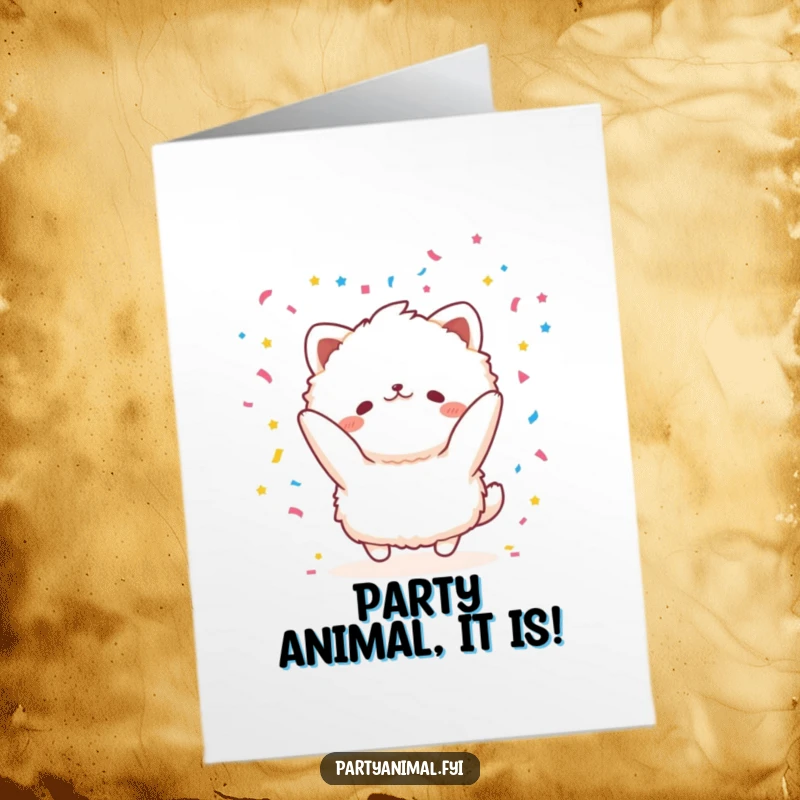 Funny Free Printable Birthday Card: A fluffy animal joyfully throws a shower of colorful confetti, perfect for a celebratory DIY gift.