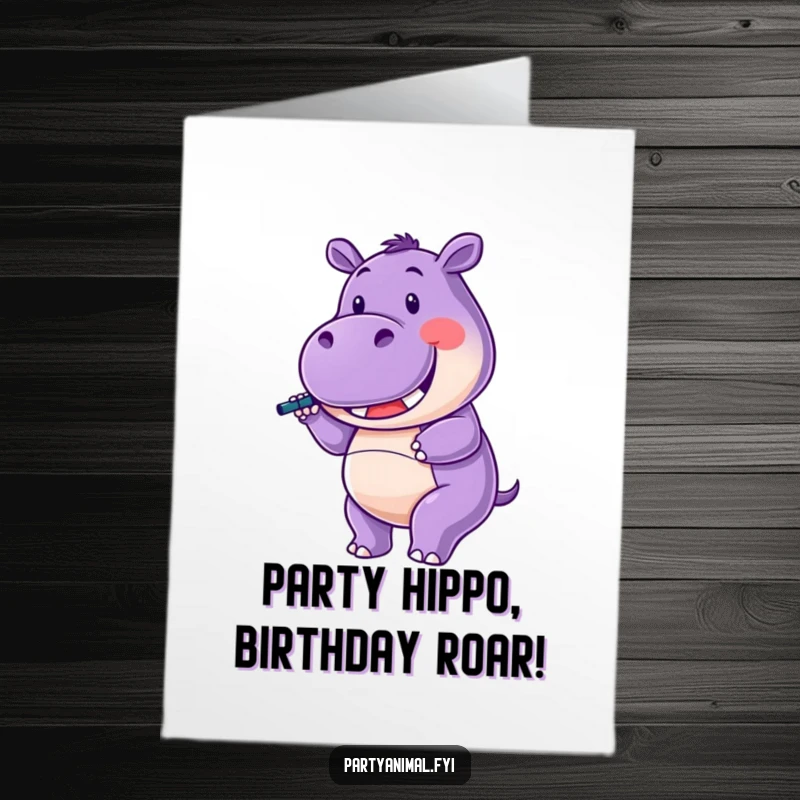 Funny Free Printable Birthday Card: Purple Hippo Character Twirling Noisemaker with a Wide Smile, Joyful Celebration