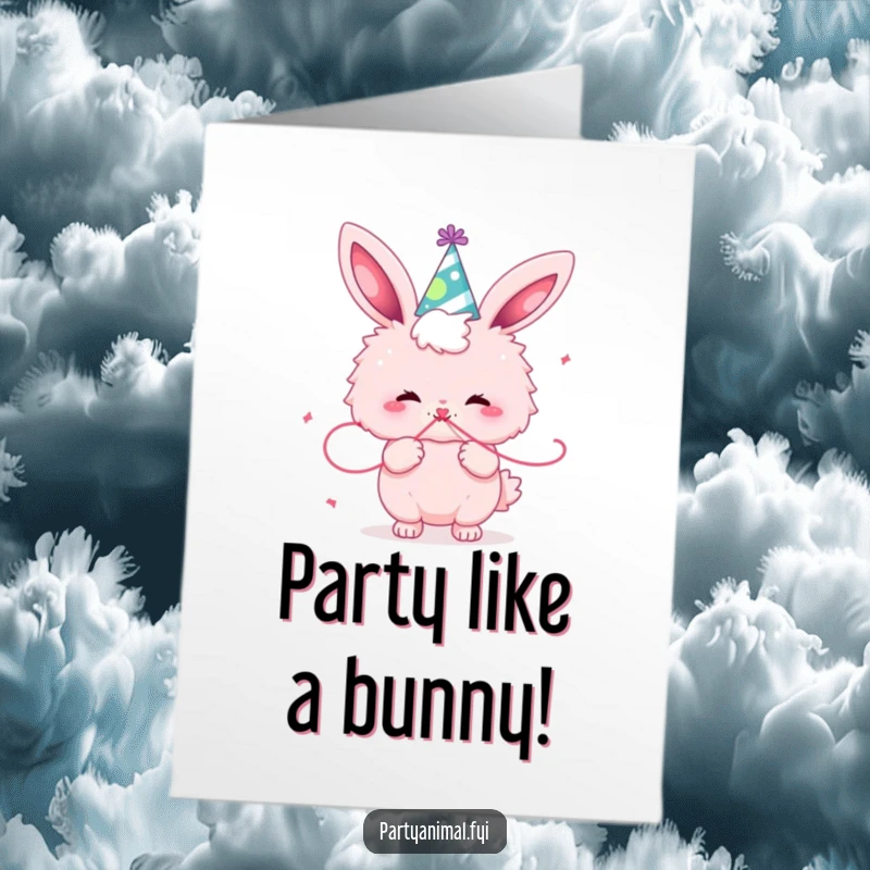 Funny Free Printable Birthday Card: Fluffy pink bunny in a party hat, blowing a colorful streamer.