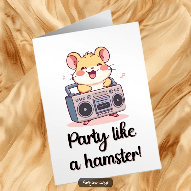 Funny Free Printable Birthday Card: Cheerful hamster rides a miniature boombox, grooving to music with a big smile.
