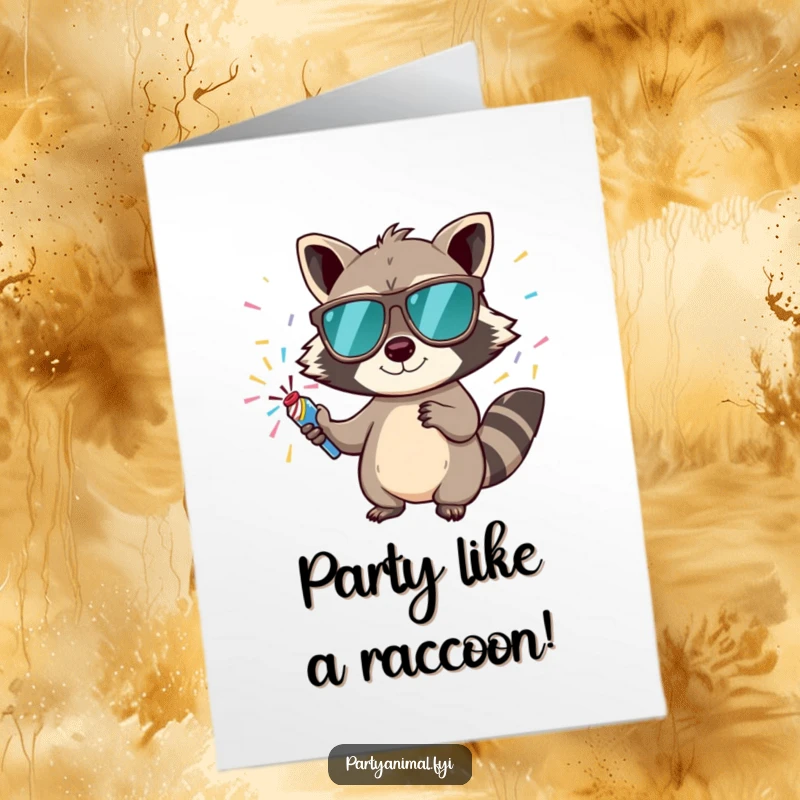 Funny Free Printable Birthday Card: Mischievous raccoon in sunglasses pops confetti, ready to party hard.