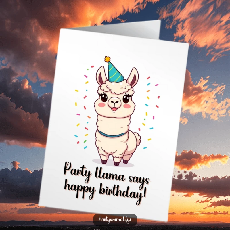 Funny Free Printable Birthday Card: Cheerful llama in party hat juggles confetti, spreading birthday cheer with downloadable art.