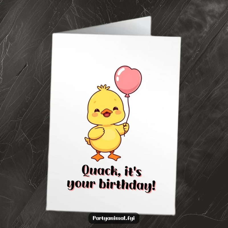 Funny Free Printable Birthday Card: Cheerful yellow duck holding a balloon, happily bobbing its head.