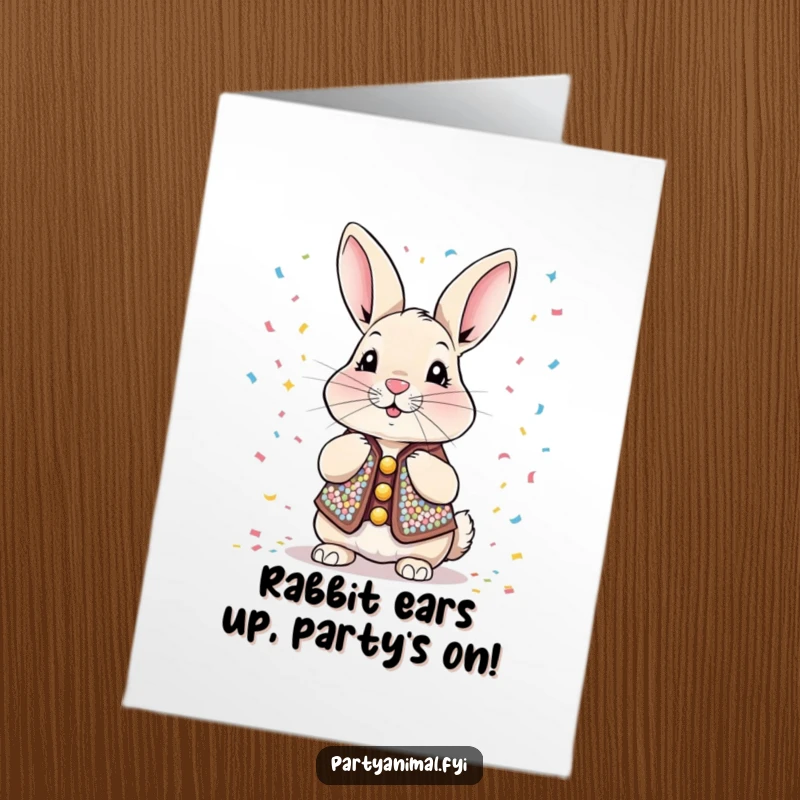 Funny Free Printable Rabbit Birthday Card: A sequined vest-wearing rabbit blowing confetti with joyous abandon.