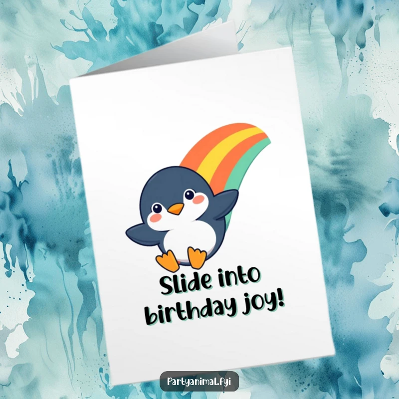 Funny Free Printable Birthday Card: A determined penguin with a wide grin slides down a vibrant rainbow.