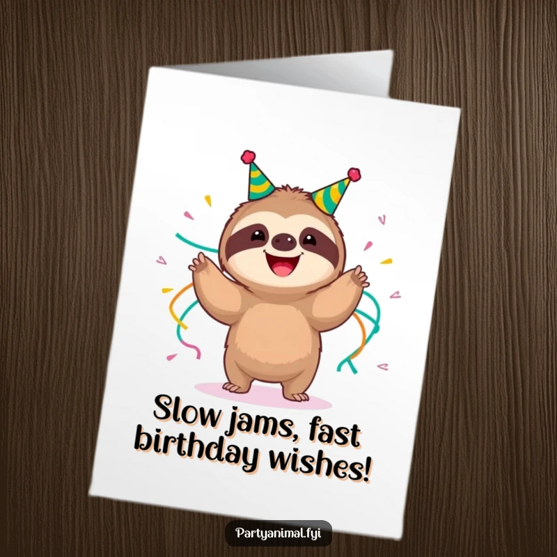 Funny Free Printable Birthday Card: A happy sloth draped in streamers, doing a hilariously slow-motion shimmy with party spirit.