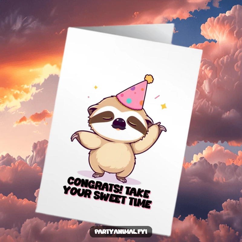 Free printable congratulations card showing a party-hatted sloth slowly grooving to the macarena, celebrating a hard-won victory.