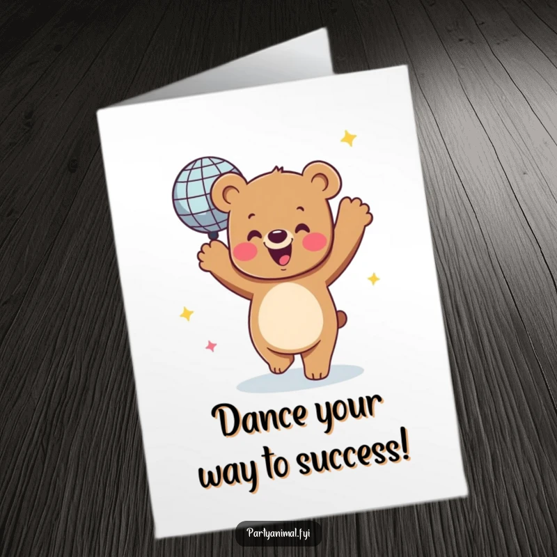Free Printable Congratulations Card: A bear with ecstatic energy, joyfully dancing in the light of a spinning disco ball.
