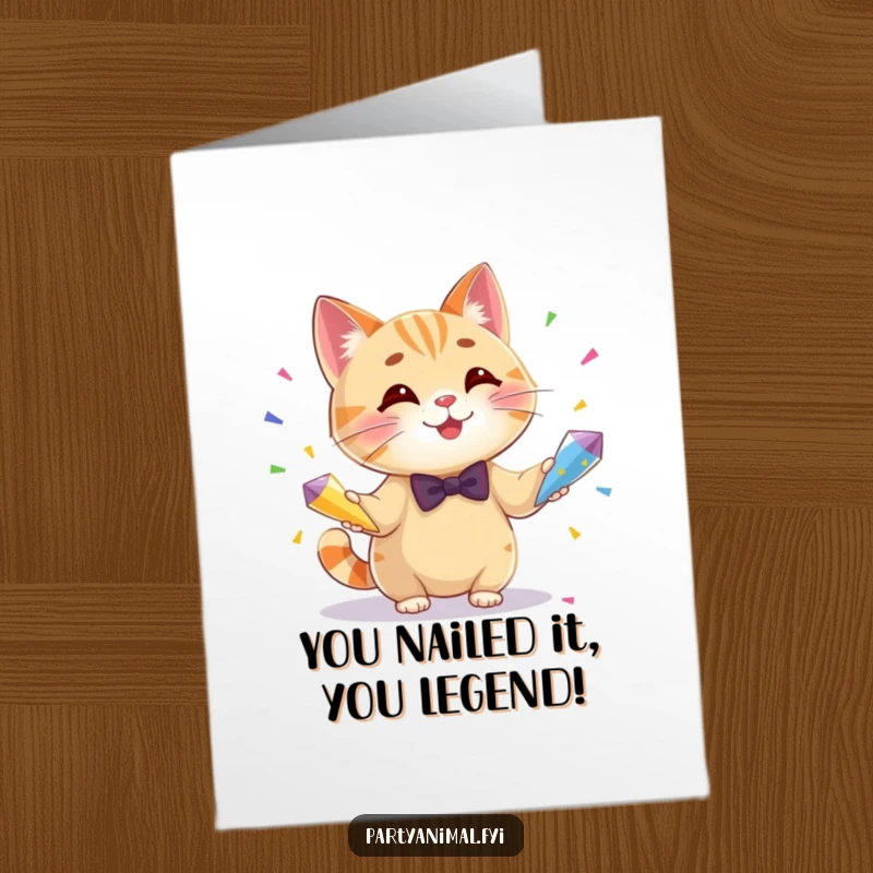 Funny free printable congratulations card featuring a suave cat in a bow tie, juggling confetti for a festive and cheerful congratulatory message.