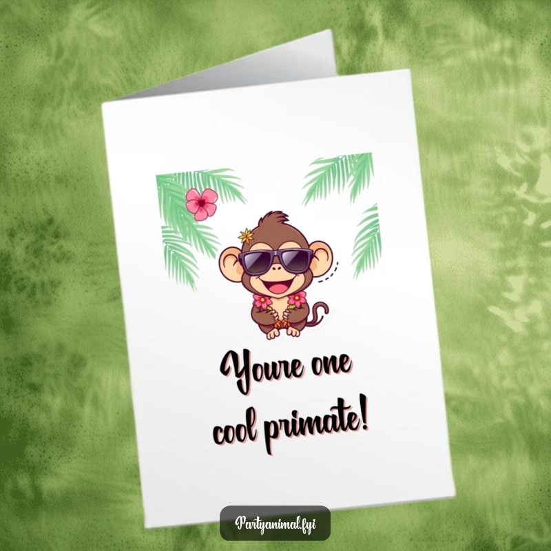 Free printable congratulations card with a joyful monkey wearing sunglasses and a lei, celebrating success with island flair.