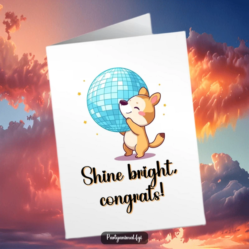 Funny Free Printable Congrats Card: Animal character bouncing a giant disco ball with its nose, celebrating achievement with flair. Downloadable greeting.