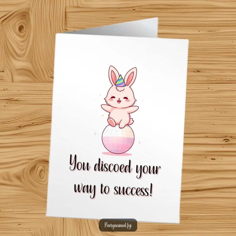 Funny Free Printable Congratulations Card showing a happy pink bunny with a party hat energetically bouncing on a vibrant disco ball.