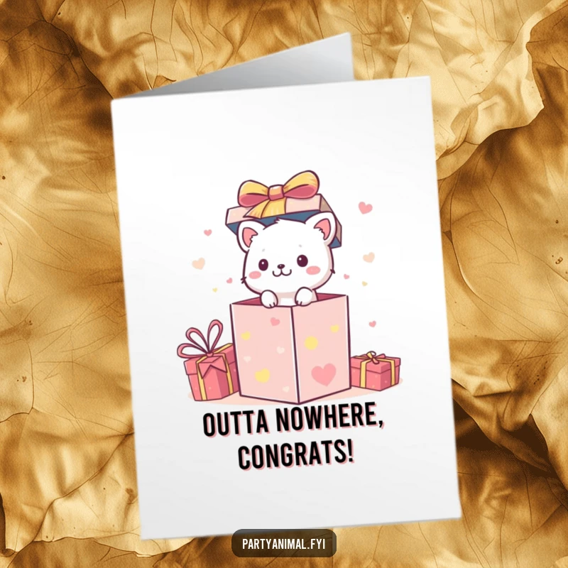 Funny Free Printable Congrats Card: Small animal character bursting out of a festive gift box, celebrating a big achievement. Downloadable greeting.