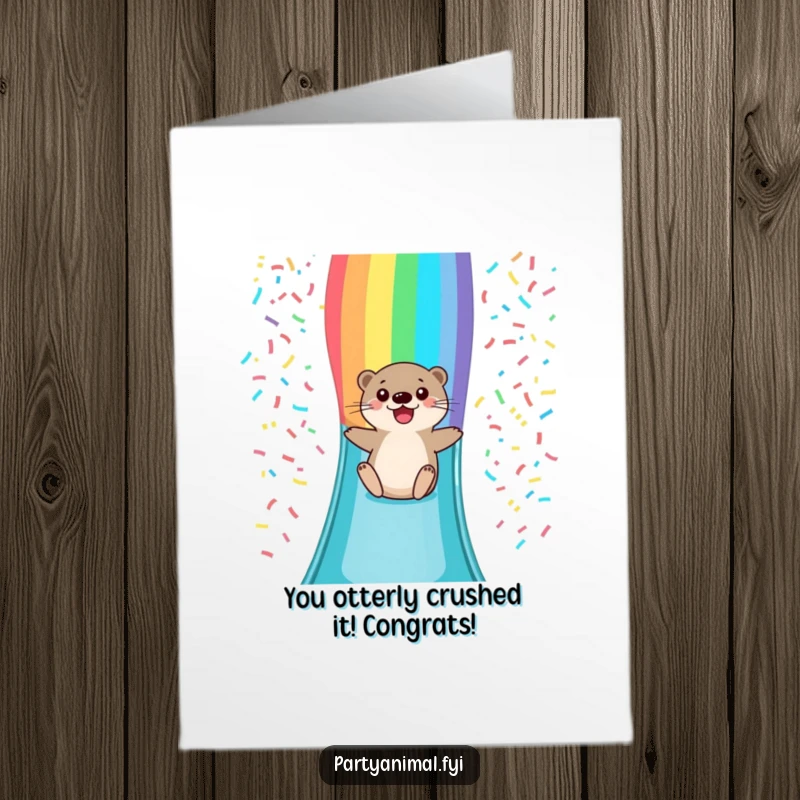 Funny Free Printable congratulations card: otter sliding down a vibrant rainbow slide, celebrating success with glee.