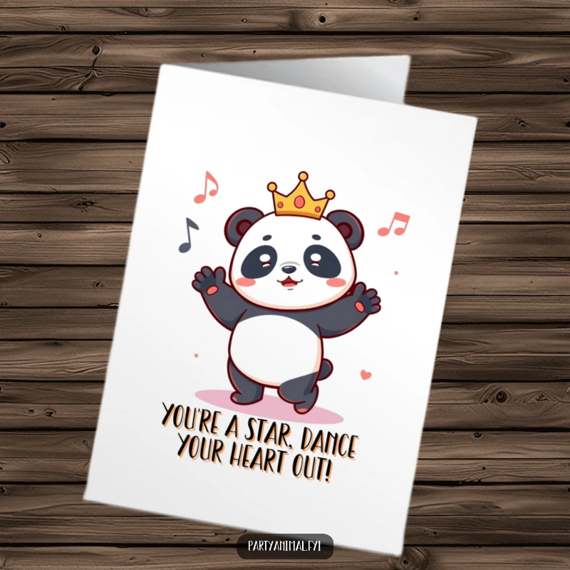 Funny Free Printable Congratulations Card: A panda in a small crown, dancing with royal enthusiasm to celebrate an achievement.