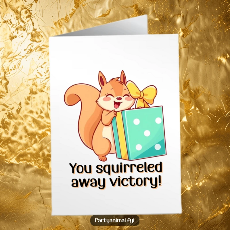 Funny Free Printable Congrats Card: An energetic squirrel excitedly tears into a large gift box, celebrating a fantastic achievement with glee.