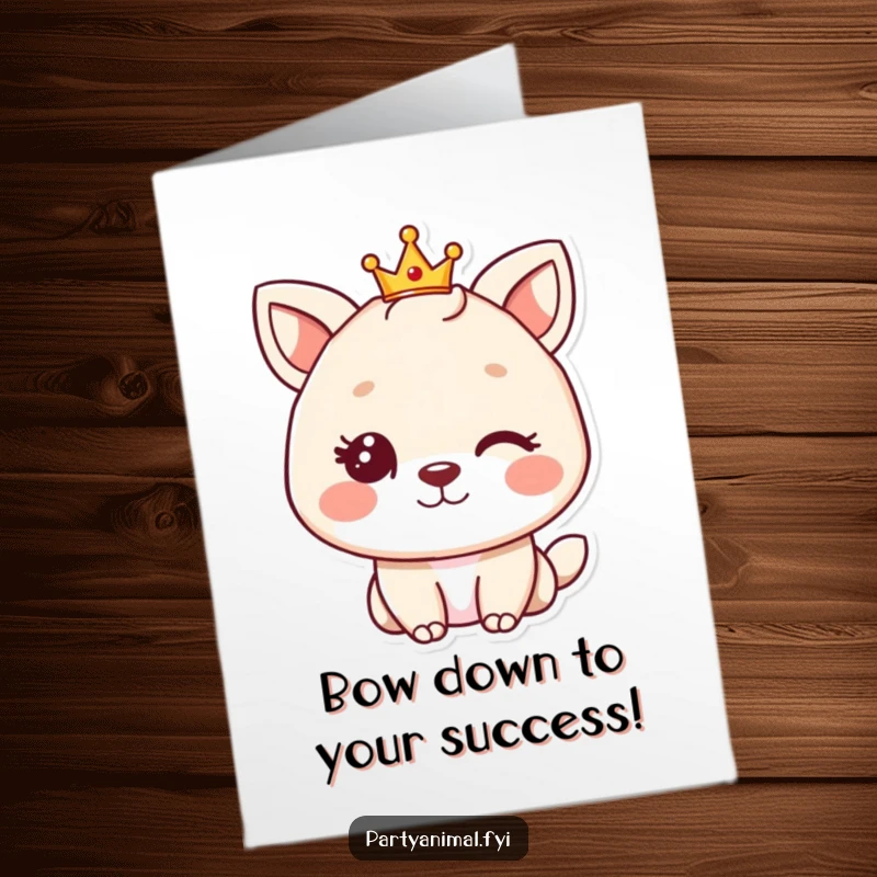 Funny Free Printable Congratulations Card: A charming animal character winks with a tiny crown, celebrating a grand victory.