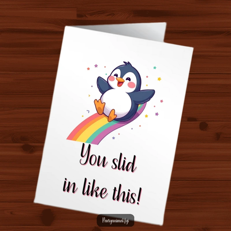Funny Free Printable Congratulations Card: A gleeful penguin sliding down a rainbow, leaving a joyful confetti trail, celebrating victory.