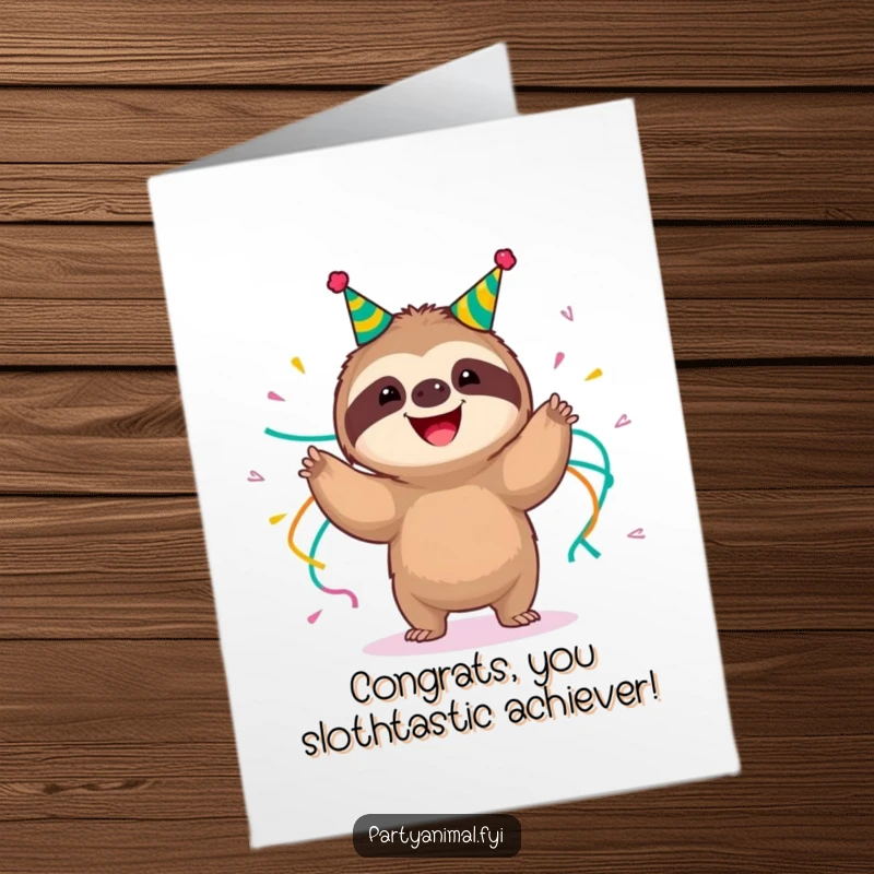 Funny Free Printable Congratulations Card: A happy sloth adorned with streamers, executing a delightfully slow-motion shimmy to mark success.