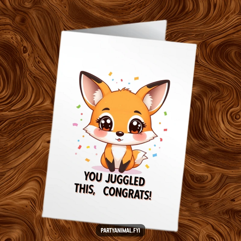 Free Printable Congratulations Card: Energetic fox with wide eyes, enthusiastically juggling a cascade of colorful confetti.