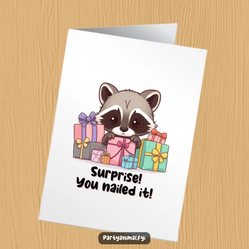 Funny Free Printable Congratulations Card: A curious raccoon is hiding behind a pile of wrapped gifts, peeking out.