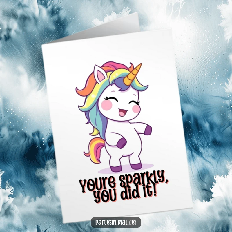 Funny Free Printable Congratulations Card: Giggling unicorn with rainbow mane performing a joyous, silly dance to celebrate.