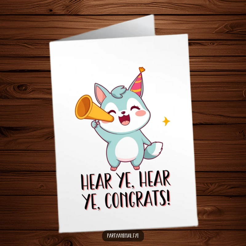 Free Printable Congratulations Card featuring a joyful animal character blowing a party horn with gusto, celebrating accomplishments loudly.