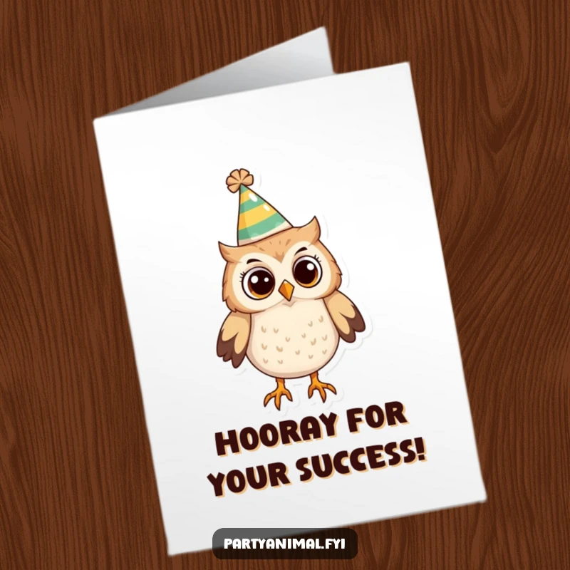 Funny Free Printable Congratulations Card featuring a curious owl in a party hat, observing the celebration.