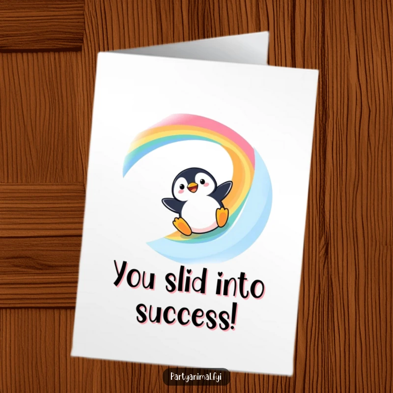 Free Printable congratulations card featuring a Kawaii penguin gleefully sliding down a rainbow, embodying pure delight.