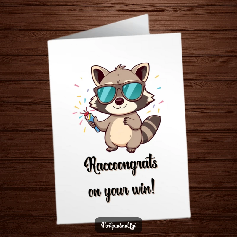 Funny Free Printable Congrats Card: Raccoon wearing sunglasses joyfully pops confetti, celebrating a major win.