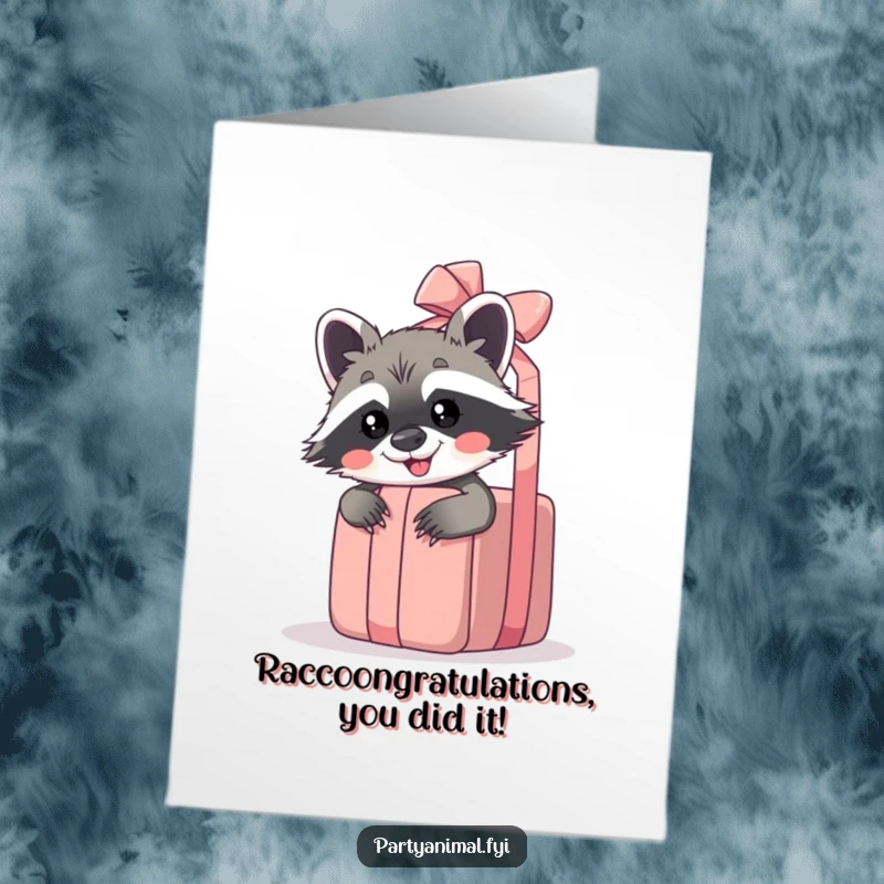 Funny Free Printable Congratulations Card: Mischievous raccoon peeking from behind a huge gift, celebrating wins with downloadable art.