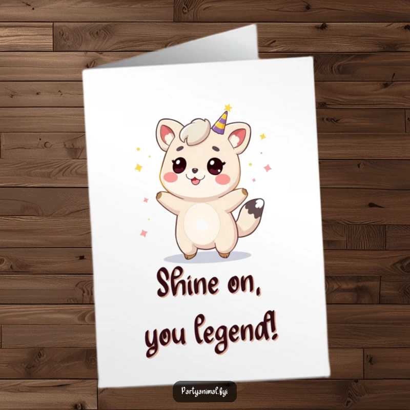 Funny Free Printable Congratulations Card: A happy animal bounces energetically amidst glowing party lights, celebrating a victory.