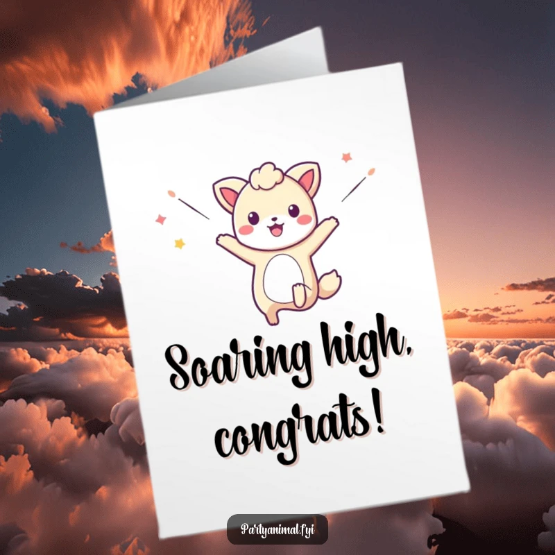 Free Printable Congratulations Card featuring a leaping animal character with streamers, symbolizing a joyous success and celebration.