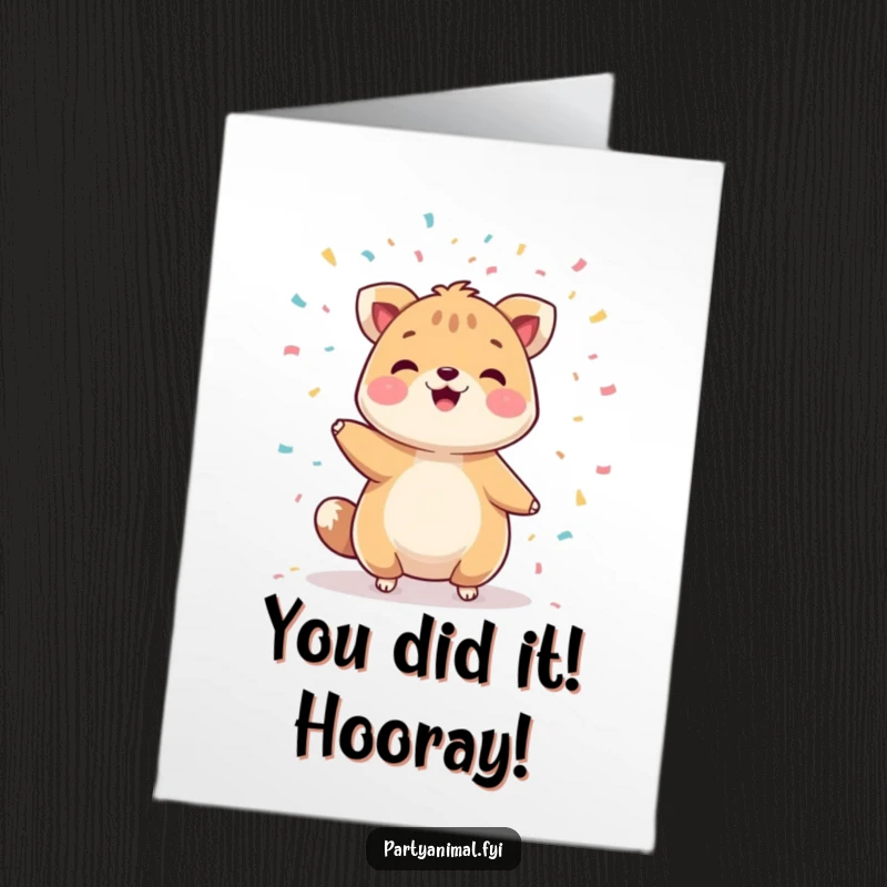 Free Printable Congratulations Card showing a happy animal character juggling confetti, perfect for celebrating any milestone.
