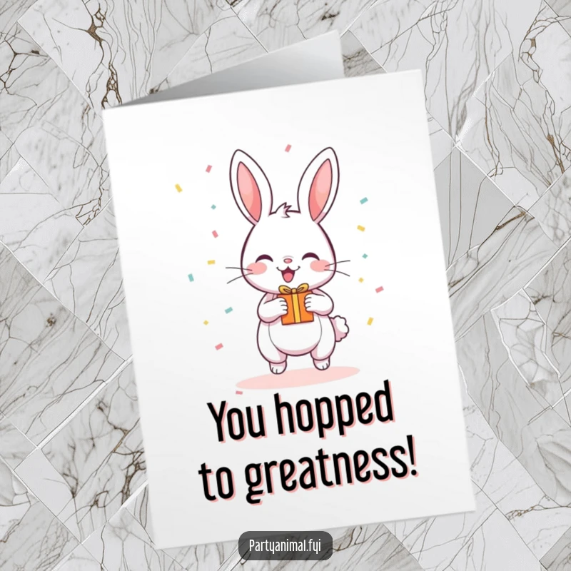 Funny Free Printable Congrats Card: A cheerful bunny bounces playfully with confetti showering down, holding a small gift.