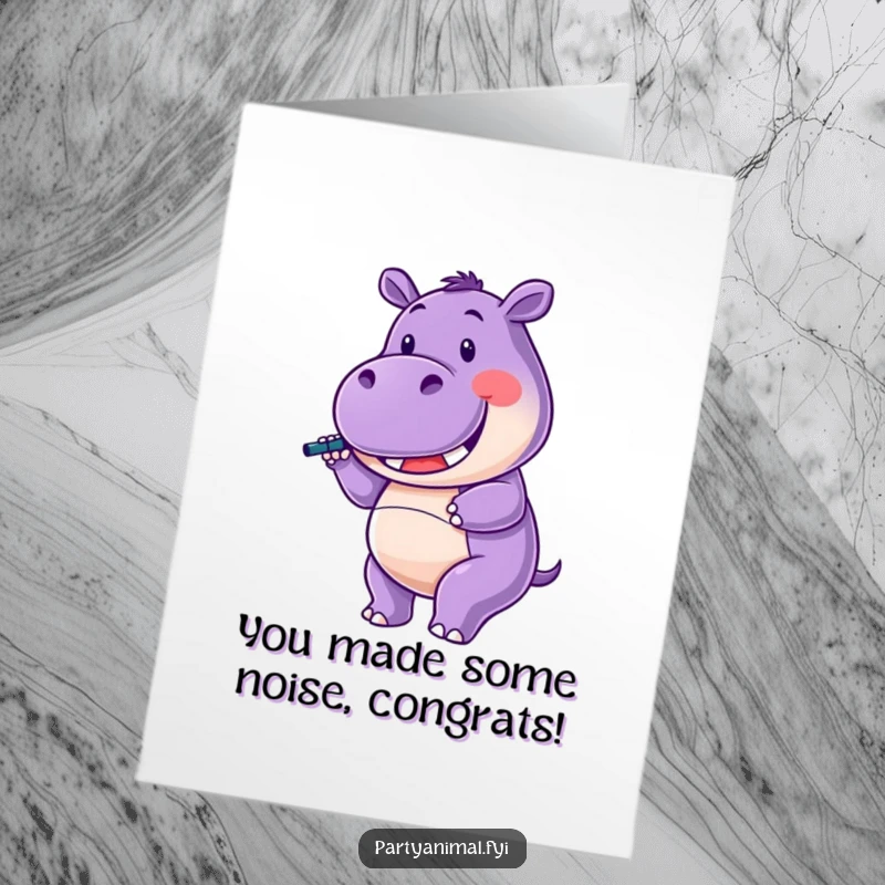 Funny Free Printable Congrats Card: Purple Hippo Character Twirling Noisemaker, Celebrating Success with Loud Joy
