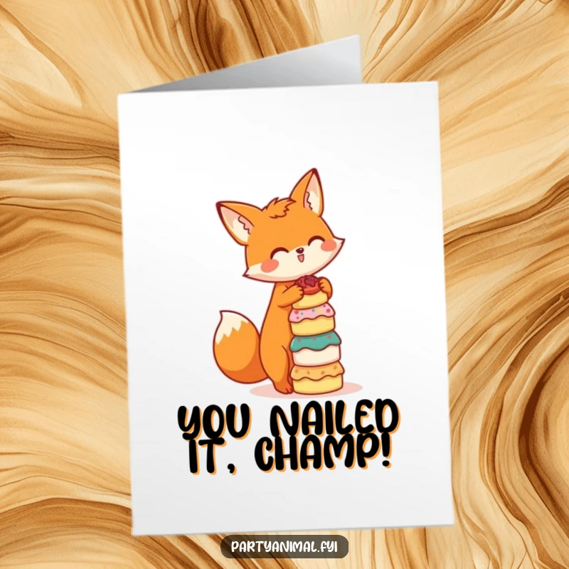Funny free printable congratulations card with a playful orange fox expertly balancing a tower of mini cakes, ready to celebrate.