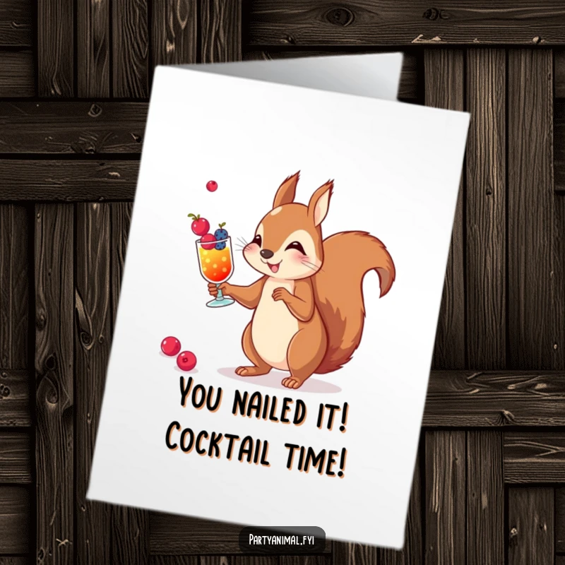 Free printable congratulations card showcasing a skilled squirrel masterfully juggling small berry cocktails, celebrating a victory.