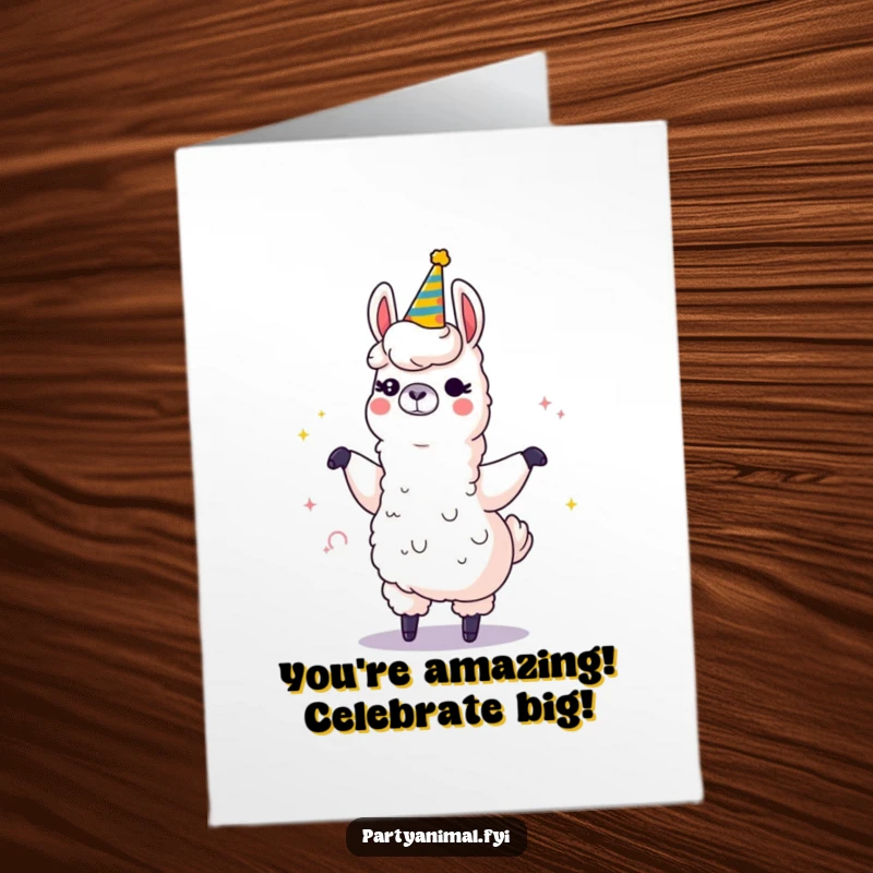 Funny free printable congratulations card featuring a winking llama dancing with a huge, sparkly party horn, embodying festive congratulations.