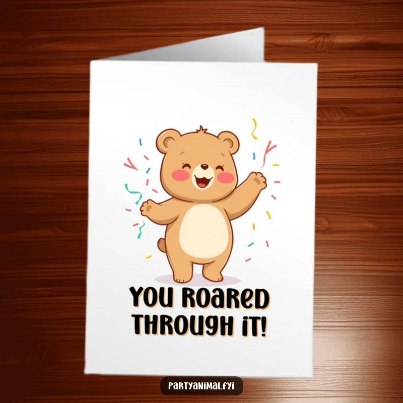 Funny Free Printable Congrats Card: A cheerful bear dances energetically, twirling streamers, celebrating a wonderful achievement.
