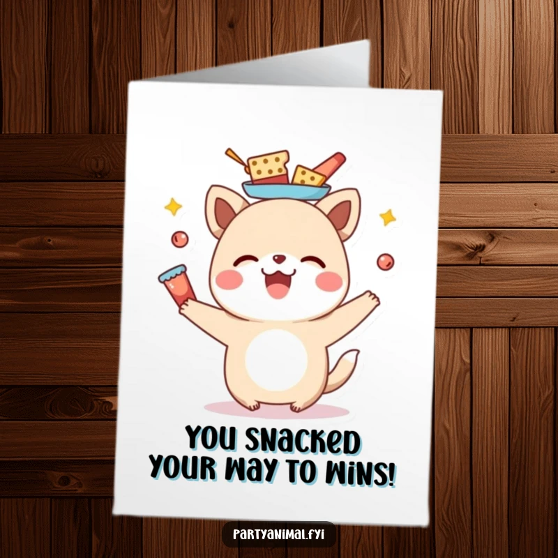 Funny Free Printable Congratulations Card: A joyful animal balances various snacks on its head, celebrating a fantastic achievement.