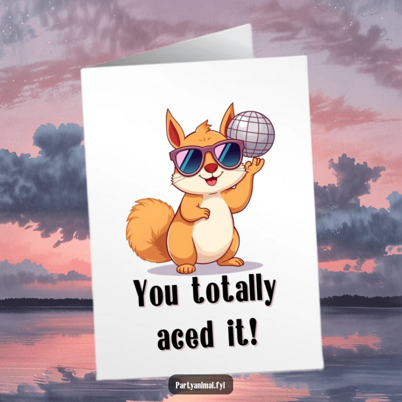 Funny Free Printable Congratulations Card: Squirrel with sunglasses and disco ball, celebrating achievements with downloadable art.