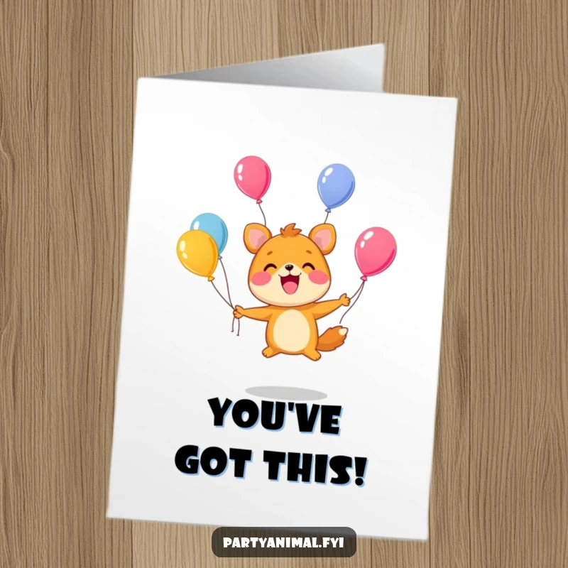 Funny Free Printable Congrats Card: Cute animal character juggling bright balloons with a huge smile, celebrating success. Downloadable greeting.