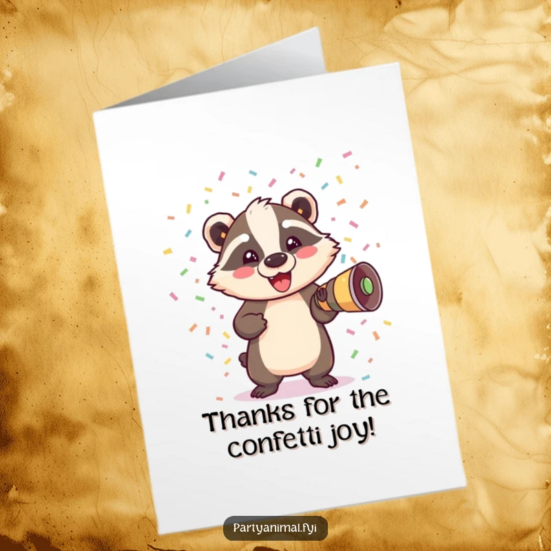 Funny Free Printable Thank You Card featuring a happy badger bursting out of a confetti cannon showering colors.