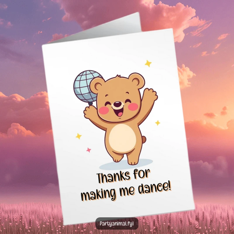 Funny Free Printable Thank You Card: A bear happily dancing under a bright, spinning disco ball, expressing thanks.