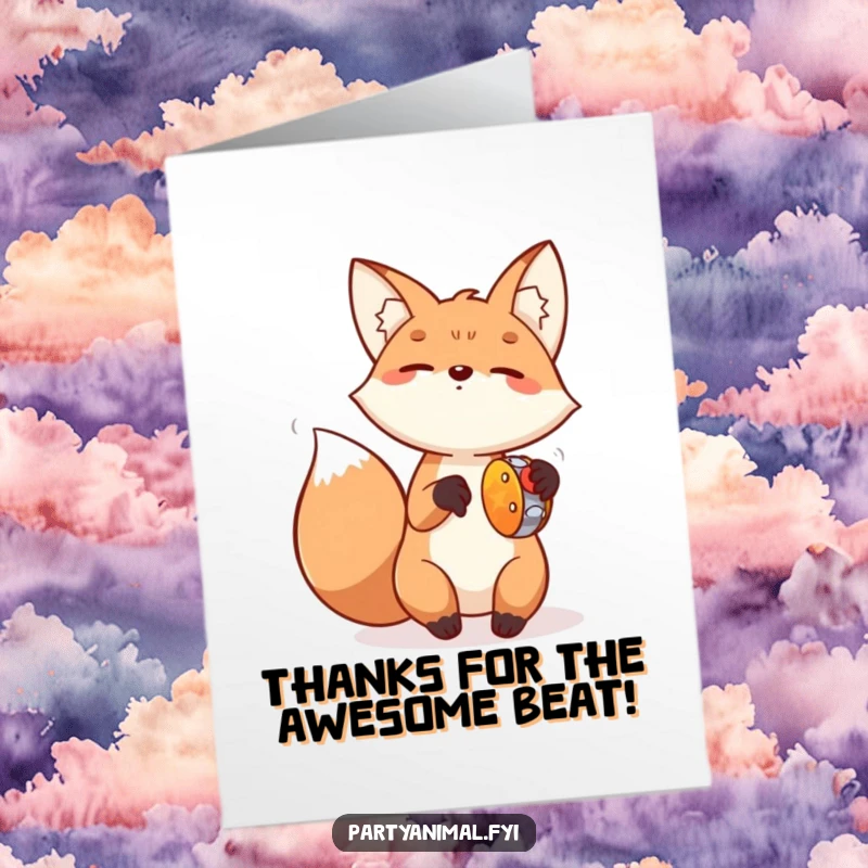 Funny Free Printable Thank You Card: A happy fox rhythmically playing a tambourine, sending energetic thanks your way.