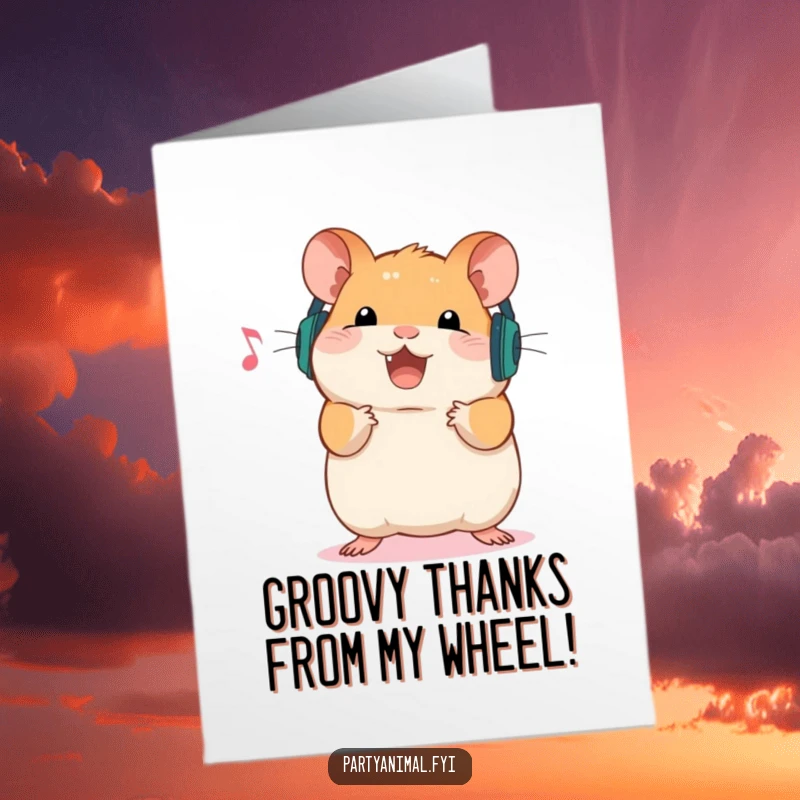 Funny Free Printable Hamster Thank You Card: A happy hamster wearing tiny headphones, enjoying music.
